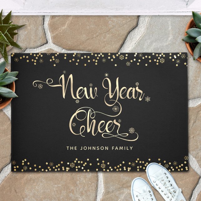 New Year Cheer Black Gold Script Snowflake Glitter Doormat (Creator Uploaded)