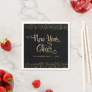 New Year Cheer Black Gold Script Snowflake Glitter Napkin