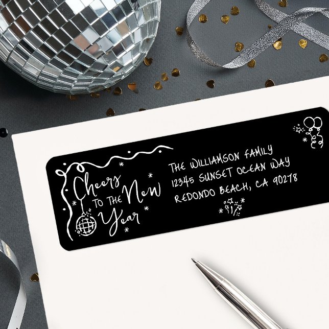 New Year Cheer Black White Hand Drawn Fun Address (Créateur téléchargé)