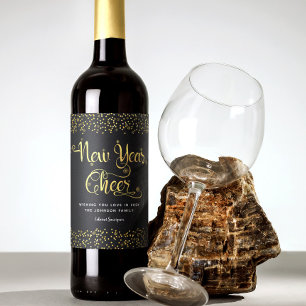 New Year Cheer Chic Gold Snowflakes Black Custom Wine Label