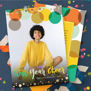 New Year Cheer Fun & Colourful Confetti Dots Photo Holiday Card