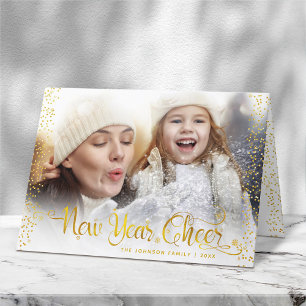 New Year Cheer, Gold Snowflakes & Typography Photo Holiday Card