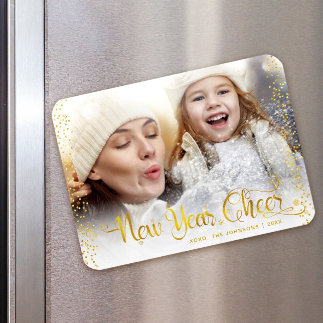 “New Year Cheer” Gold Snowflakes Typography Photo Magnet (Creator Uploaded)