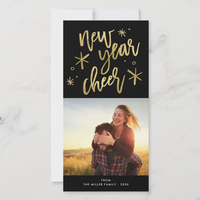 New Year Cheer Gold Starburst Photo Holiday Card (Front)
