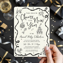 New Year Cheer Hand Drawn Doodle Cream Black Party