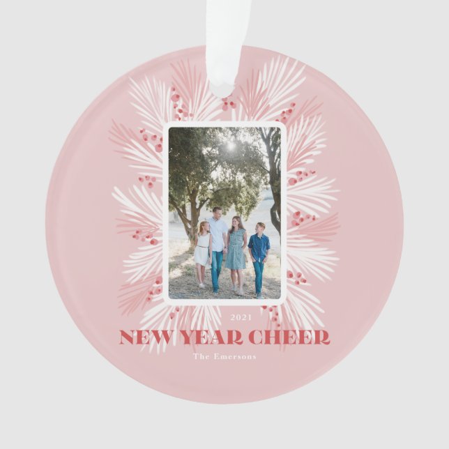 New Year Cheer Pink Holiday Ceramic Ornament (Front)