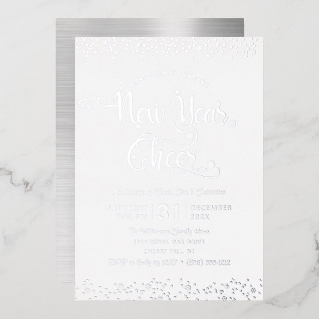 New Year Cheer Script Party Chic White Real Silver (Front/Back)