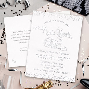 New Year Cheer Script Party Chic White Real Silver Foil Invitation Postcard