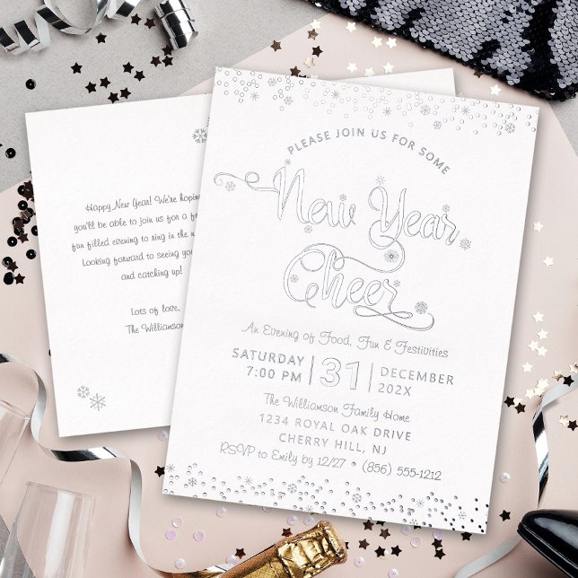 New Year Cheer Script Party Chic White Real Silver Foil Invitation Postcard (Creator Uploaded)