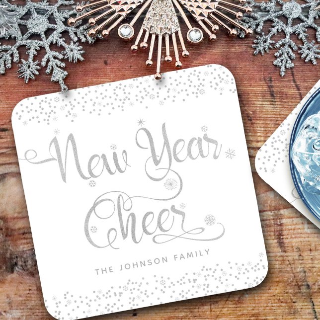 New Year Cheer White Silver Script Snowflakes Coaster (Creator Uploaded)