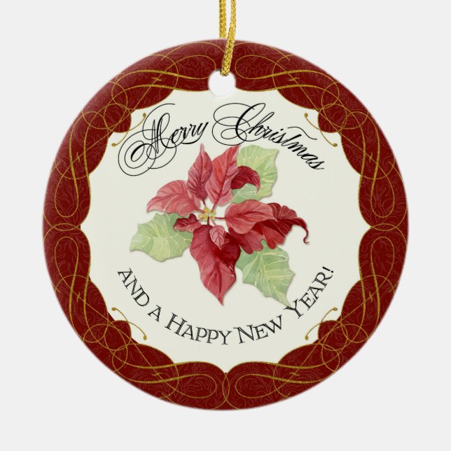 New Year Christmas Together Poinsettia Personalize Ceramic Ornament (Front)