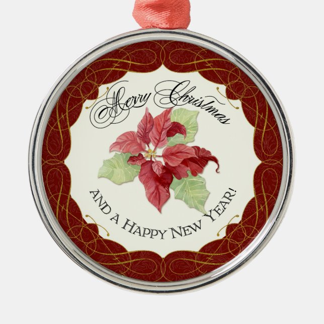 New Year Christmas Together Poinsettia Personalize Metal Ornament (Front)