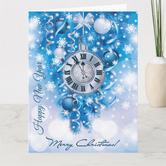 New Year Clock Blue n White Merry Christmas Card (Front)