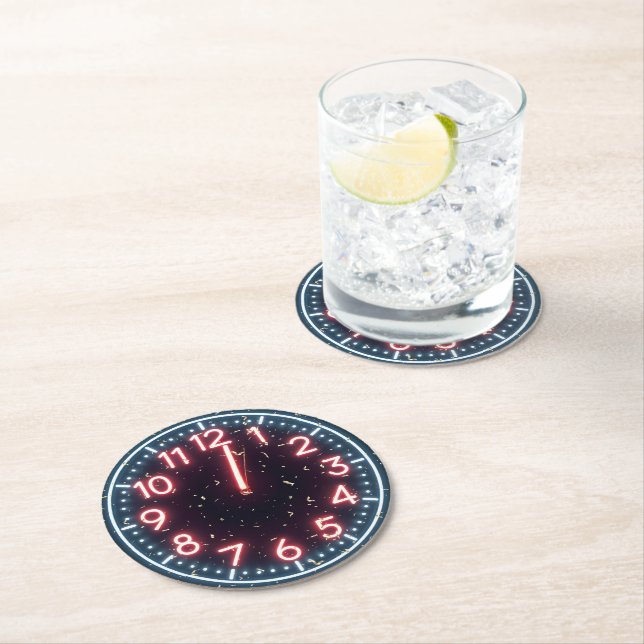 New Year Confetti On Midnight Neon Clock Round Paper Coaster (Insitu)
