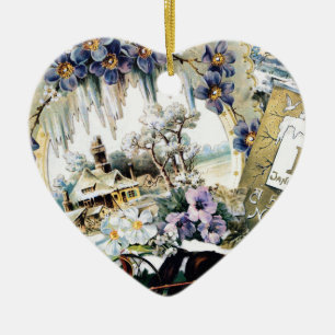 New Year Couple Horse House Flowers Victorian Art Ceramic Ornament