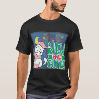 New Year Cutie Cat on Window with Fireworks Backgr T-Shirt