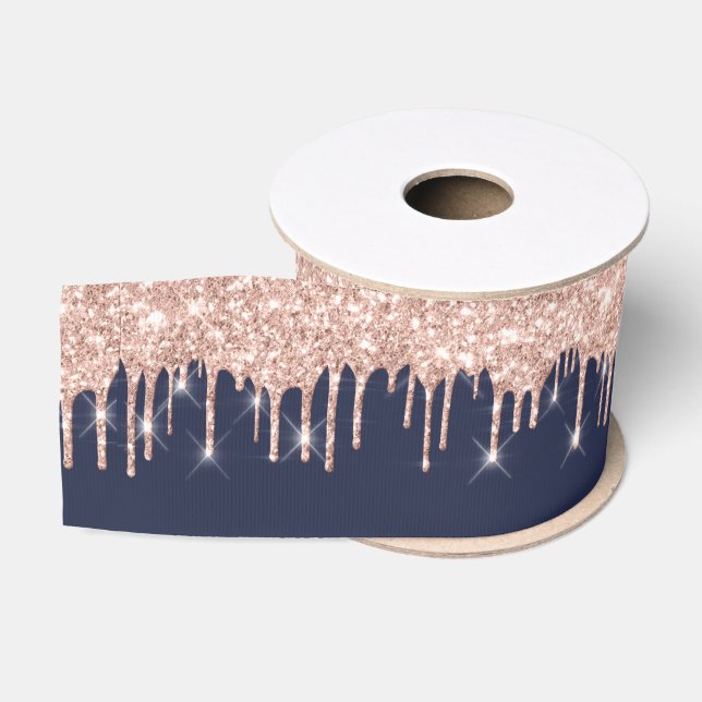 New Year Drips Royal Rose Gold Blue Navy Spark Grosgrain Ribbon (Spool)