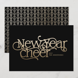New year elegant Art Deco typography black gold Holiday Card