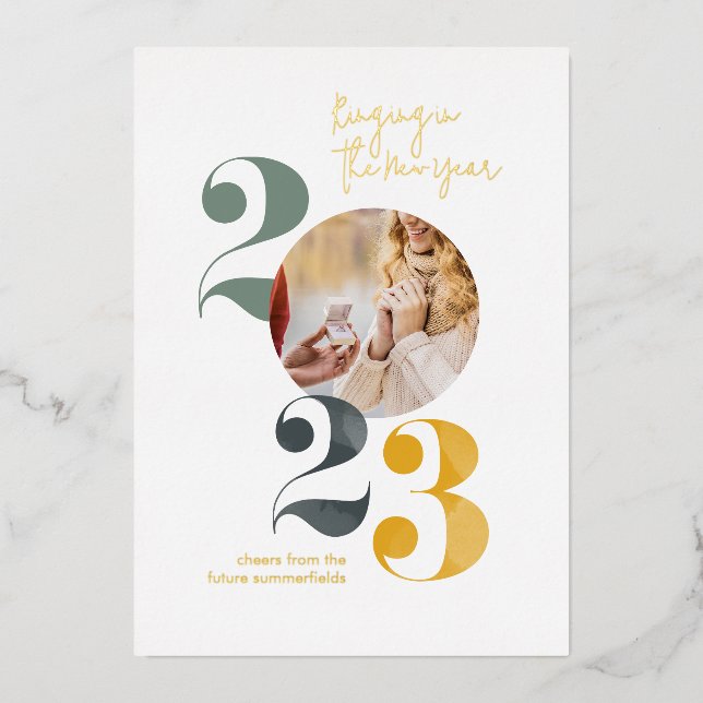 New Year Engagement Photo Gold Foil Holiday Card (Front)