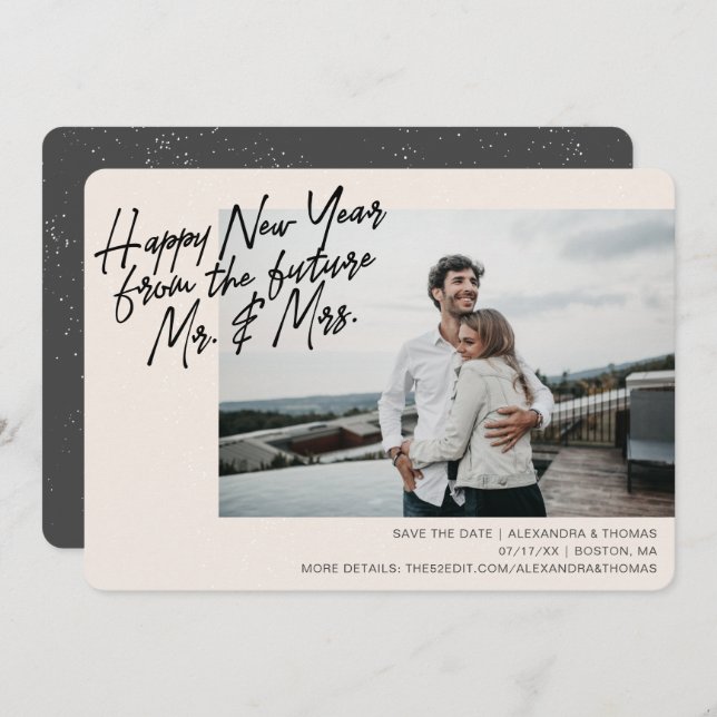 New Year Engagement Save The Date Creme Holiday Card (Front/Back)