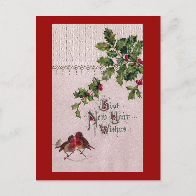 New Year Euro Robins and Holly Holiday Postcard (Front)