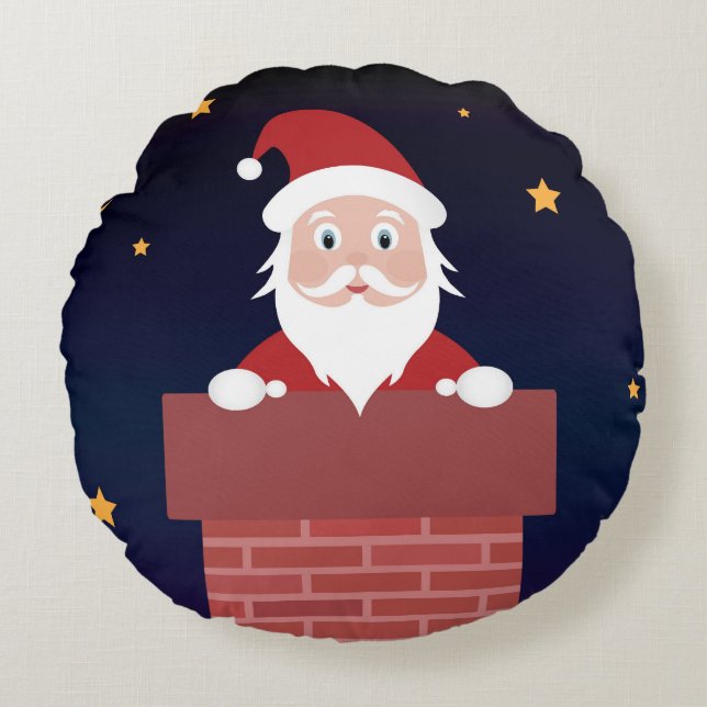 New Year Eve Santa Claus down the Chimney  Round Pillow (Front)