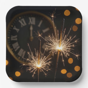 New Year Eve Sparklers On a Midnight Clock Paper Plate