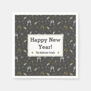 New Year Fireworks and Champagne black gold white Napkin