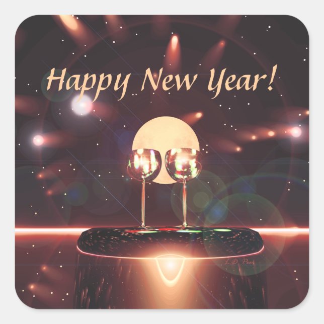 New Year Fireworks and Champagne Square Sticker (Front)