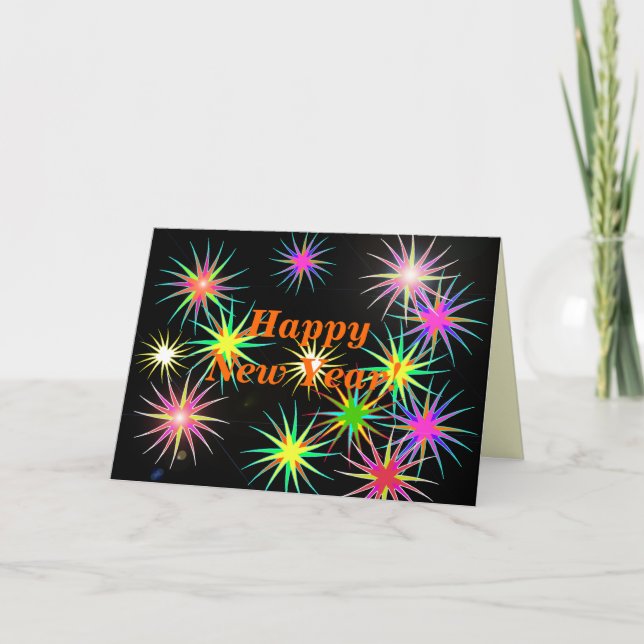 New Year Fireworks Flash on Black Holiday Card (Front)
