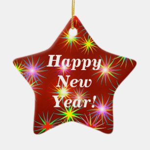 New Year Fireworks Flash on Red Ceramic Ornament