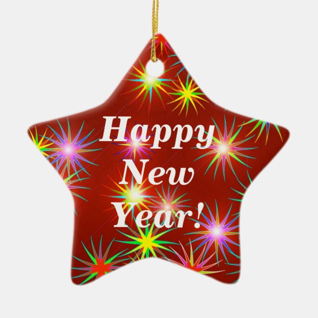 New Year Fireworks Flash on Red Ceramic Ornament (Front)