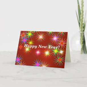 New Year Fireworks Flash on Red Holiday Card