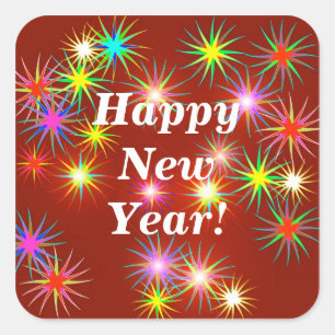 New Year Fireworks Flash on Red Square Sticker