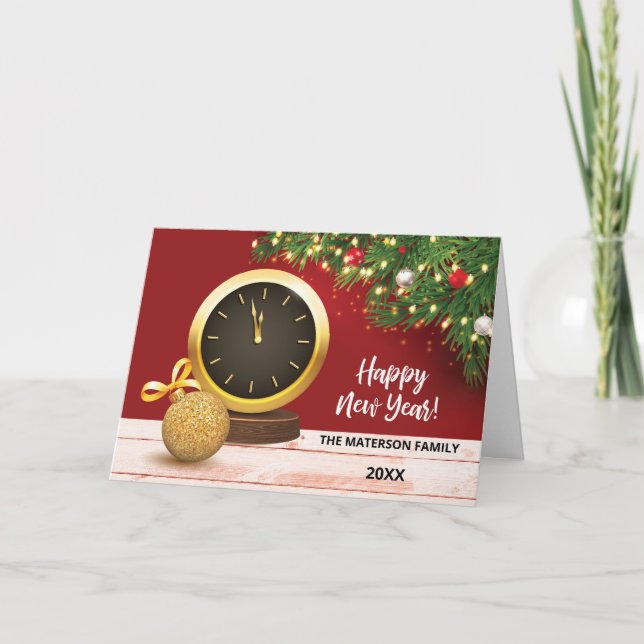 New Year From Clock Evergreen Branches  Card (Front)