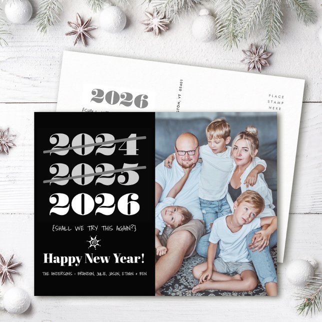 New Year Funny 3rd Time a Charm Black White Photo  Holiday Postcard (Creator Uploaded)
