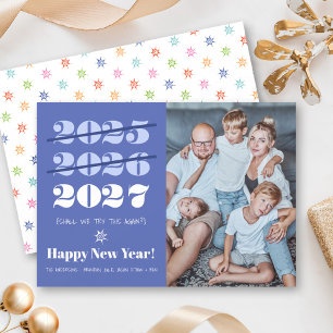 New Year Funny 3rd Time a Charm Modern Blue Photo Holiday Card