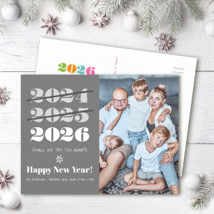New Year Funny 3rd Time a Charm Modern Grey Photo Holiday Postcard