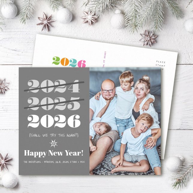 New Year Funny 3rd Time a Charm Modern Grey Photo Holiday Postcard (Creator Uploaded)