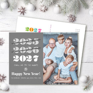 New Year Funny 3rd Time a Charm Modern Grey Photo Holiday Postcard