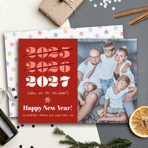New Year Funny 3rd Time a Charm Modern Red Photo Holiday Card