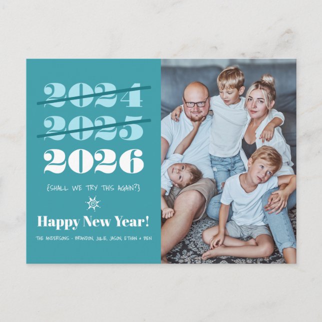 New Year Funny 3rd Time a Charm Modern Teal Photo Holiday Postcard (Front)