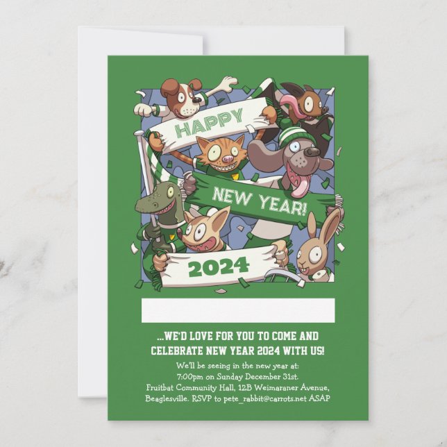 New Year Funny Animal Sports Fans Cartoon Invitation (Front)