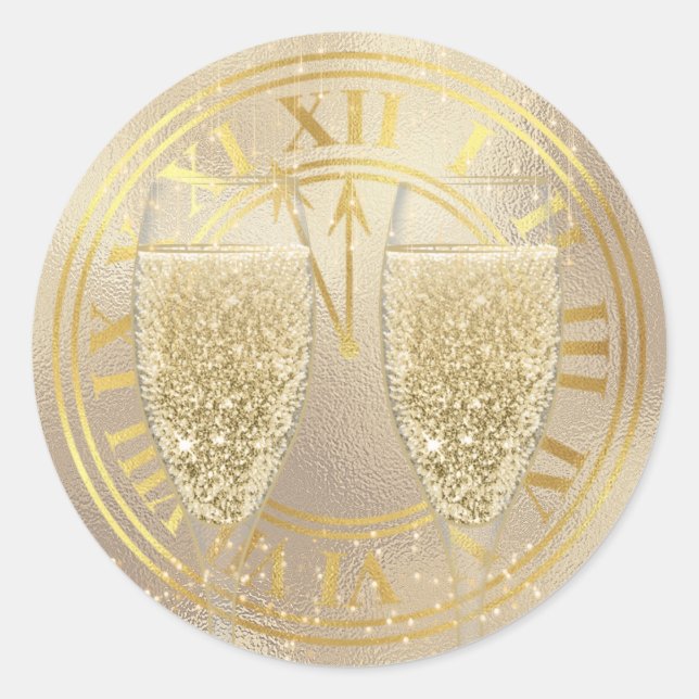 New Year Gold Champagne Glasses on Clock Classic Round Sticker (Front)