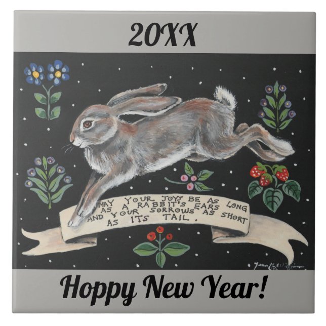 New Year Good Wishes Hare Rabbit Tile with Year (Front)