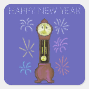 New Year Grandfather Clock with Fireworks Square Sticker