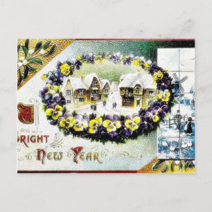 New Year greeting with a village and a flower garl Holiday Postcard