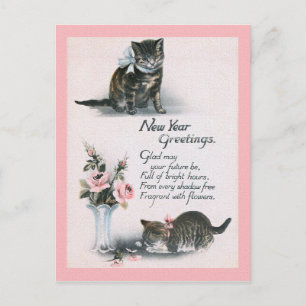 NEW YEAR GREETINGS cats & flowers Postcard