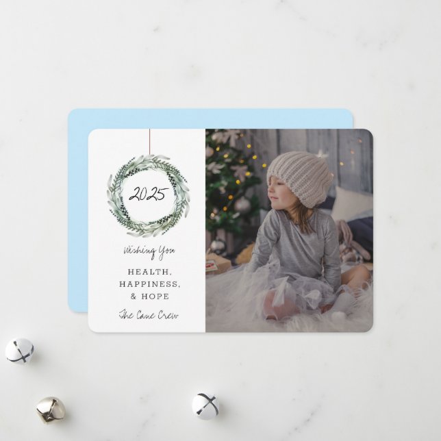 New Year Holiday Photo Card Floral Wreath Blue (Front/Back In Situ)