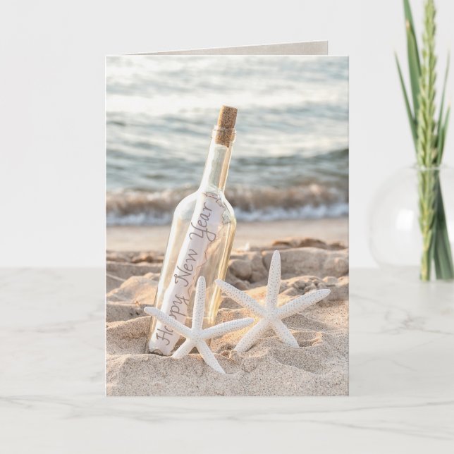 New year message in a bottle and starfish card (Front)